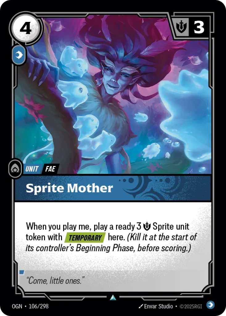 Karta Riftbound: Sprite Mother — Unit, kolor Mind, dodatek Origins. Ilustracja: Envar Studio. Opis karty: When you play me, play a ready 3 💪 Sprite unit token with Temporary here. (Kill it at the start of its controller's Beginning Phase, b