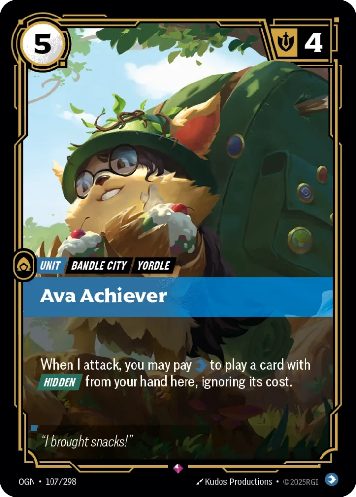 Karta Riftbound: Ava Achiever — Unit, kolor Mind, dodatek Origins. Ilustracja: Kudos Productions. Opis karty: When I attack, you may pay to play a card with Hidden from your hand here, ignoring its cost.