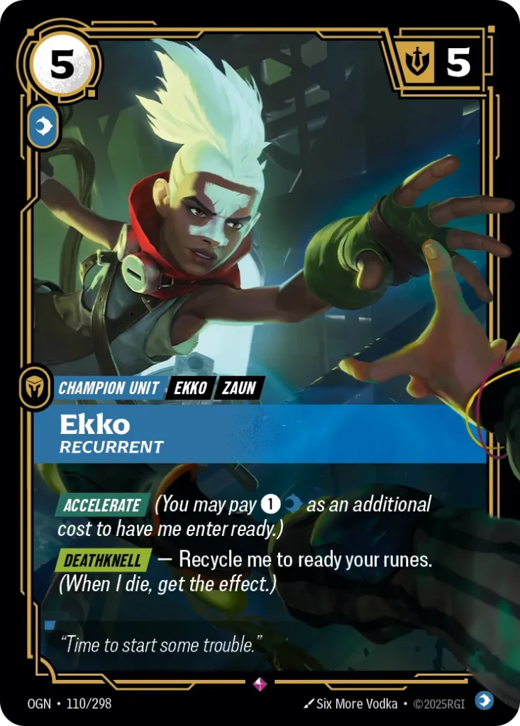 Karta Riftbound: Ekko - Recurrent — Unit, kolor Mind, dodatek Origins. Ilustracja: Six More Vodka. Opis karty: Accelerate (You may pay 1⚡ as an additional cost to have me enter ready.) Deathknell — Recycle me to ready your runes. (When I di