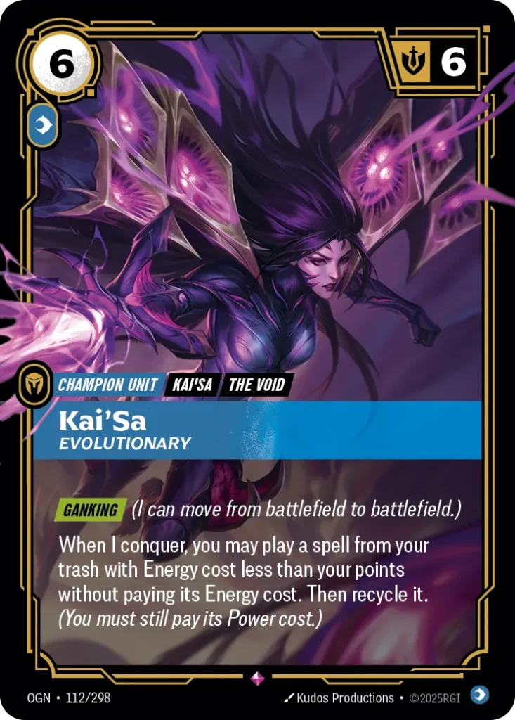 Karta Riftbound: Kai'Sa - Evolutionary — Unit, kolor Mind, dodatek Origins. Ilustracja: Kudos Productions. Opis karty: Ganking (I can move from battlefield to battlefield.)When I conquer, you may play a spell from your trash with Energy cos