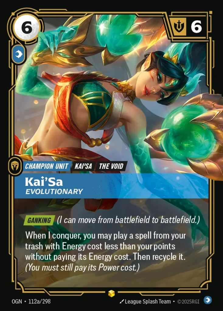 Karta Riftbound: Kai'Sa - Evolutionary (Alternate Art) — Unit, kolor Mind, dodatek Origins. Ilustracja: League Splash Team. Opis karty: Ganking (I can move from battlefield to battlefield.)When I conquer, you may play a spell from your tras