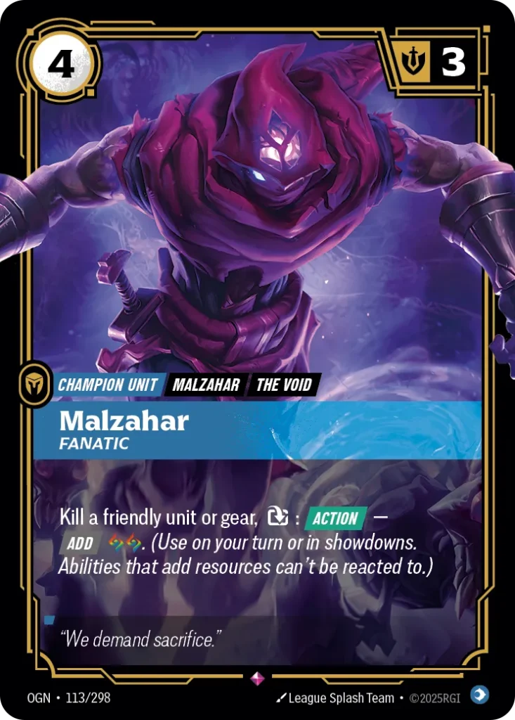Karta Riftbound: Malzahar - Fanatic — Unit, kolor Mind, dodatek Origins. Ilustracja: League Splash Team. Opis karty: Kill a friendly unit or gear, : Action — Add . (Use on your turn or in showdowns. Abilities that add resources can't be rea