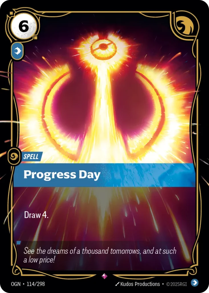 Karta Riftbound: Progress Day — Spell, kolor Mind, dodatek Origins. Ilustracja: Kudos Productions. Opis karty: Draw 4.