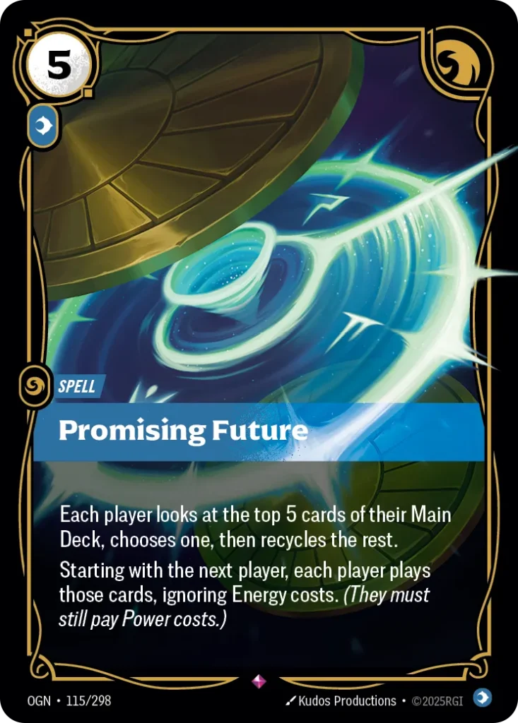 Karta Riftbound: Promising Future — Spell, kolor Mind, dodatek Origins. Ilustracja: Kudos Productions. Opis karty: Each player looks at the top 5 cards of their Main Deck, chooses one, then recycles the rest. Starting with the next player, 