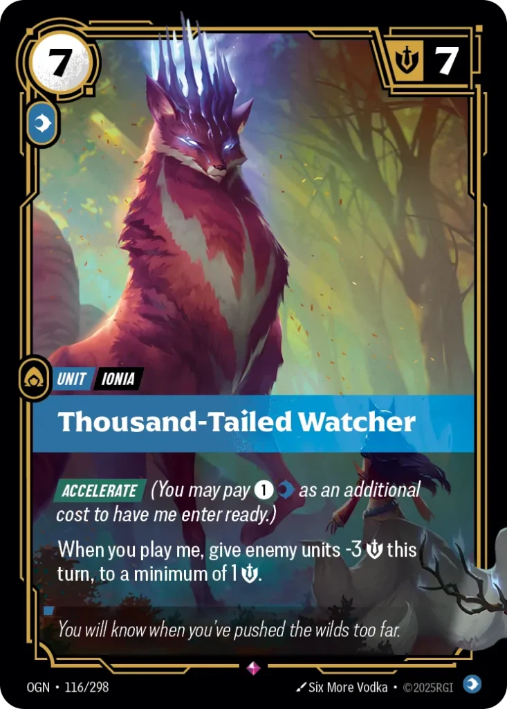 Karta Riftbound: Thousand-Tailed Watcher — Unit, kolor Mind, dodatek Origins. Ilustracja: Six More Vodka. Opis karty: Accelerate (You may pay 1⚡ as an additional cost to have me enter ready.)When you play me, give enemy units -3 💪 this turn
