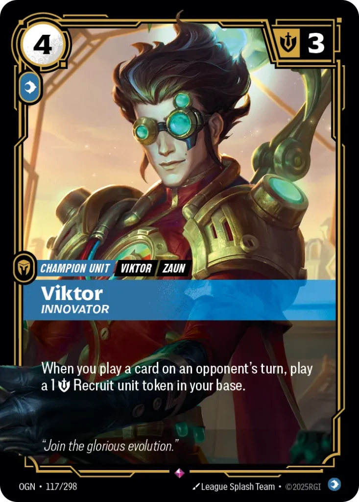 Karta Riftbound: Viktor - Innovator — Unit, kolor Mind, dodatek Origins. Ilustracja: League Splash Team. Opis karty: When you play a card on an opponent's turn, play a 1 💪 Recruit unit token in your base.
