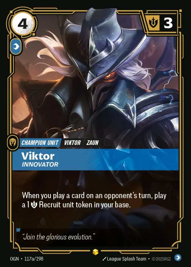 Karta Riftbound: Viktor - Innovator (Alternate Art) — Unit, kolor Mind, dodatek Origins. Ilustracja: League Splash Team. Opis karty: When you play a card on an opponent's turn, play a 1 💪 Recruit unit token in your base.