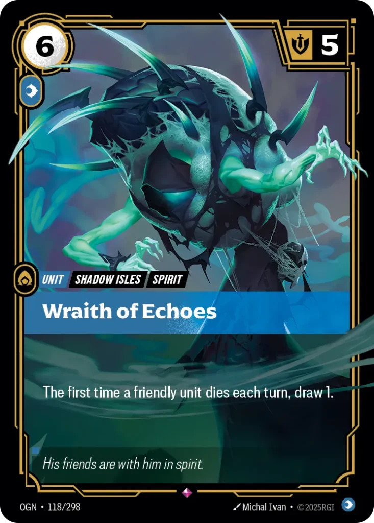 Karta Riftbound: Wraith of Echoes — Unit, kolor Mind, dodatek Origins. Ilustracja: Michal Ivan. Opis karty: The first time a friendly unit dies each turn, draw 1.