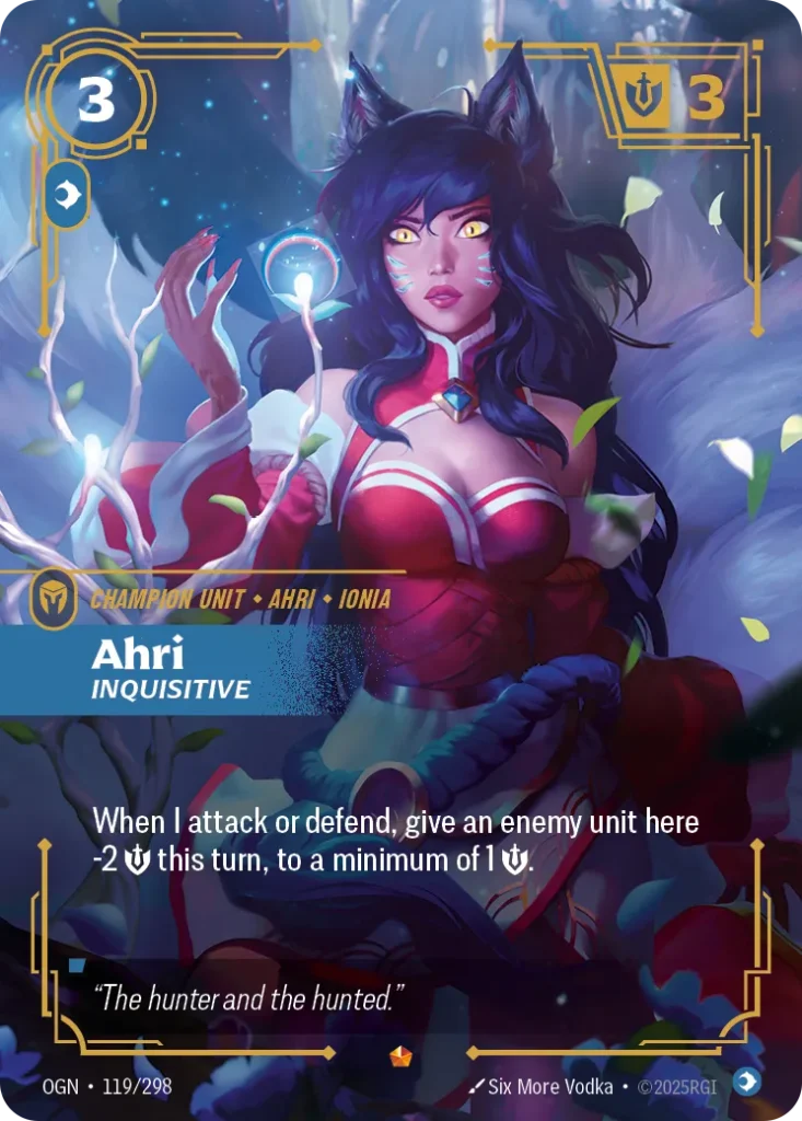 Karta Riftbound: Ahri - Inquisitive — Unit, kolor Mind, dodatek Origins. Ilustracja: Six More Vodka. Opis karty: When I attack or defend, give an enemy unit here -2 💪 this turn, to a minimum of 1 💪.