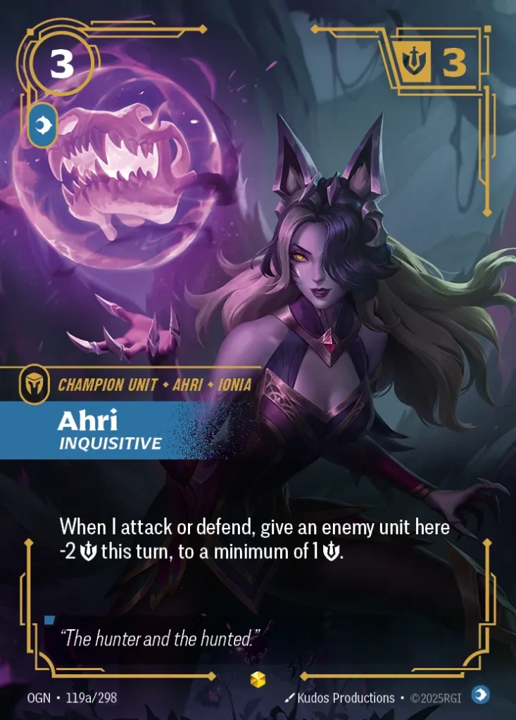 Karta Riftbound: Ahri - Inquisitive (Alternate Art) — Unit, kolor Mind, dodatek Origins. Ilustracja: Kudos Productions. Opis karty: When I attack or defend, give an enemy unit here -2 💪 this turn, to a minimum of 1 💪.