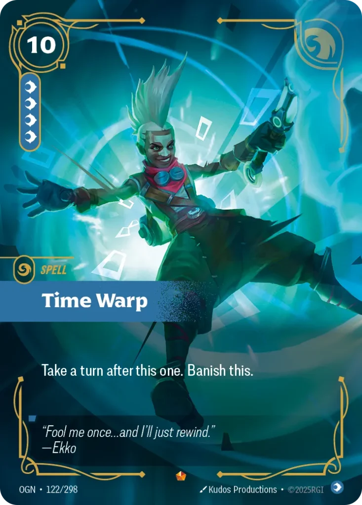 Karta Riftbound: Time Warp — Spell, kolor Mind, dodatek Origins. Ilustracja: Kudos Productions. Opis karty: Take a turn after this one. Banish this.