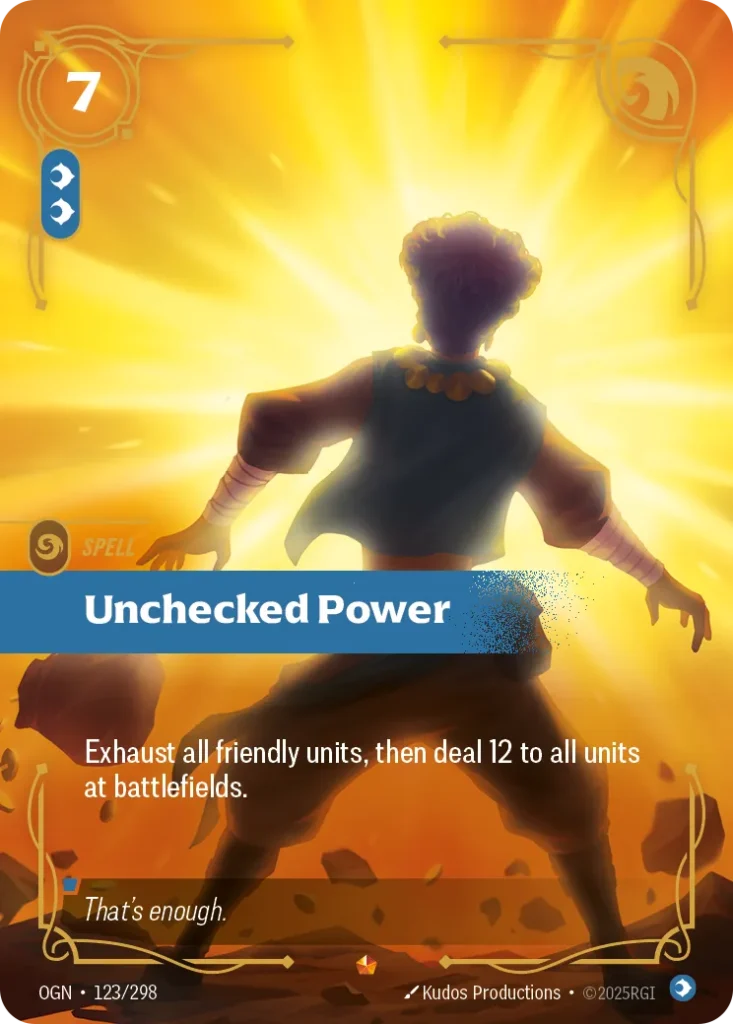 Karta Riftbound: Unchecked Power — Spell, kolor Mind, dodatek Origins. Ilustracja: Kudos Productions. Opis karty: Exhaust all friendly units, then deal 12 to ALL units at battlefields.