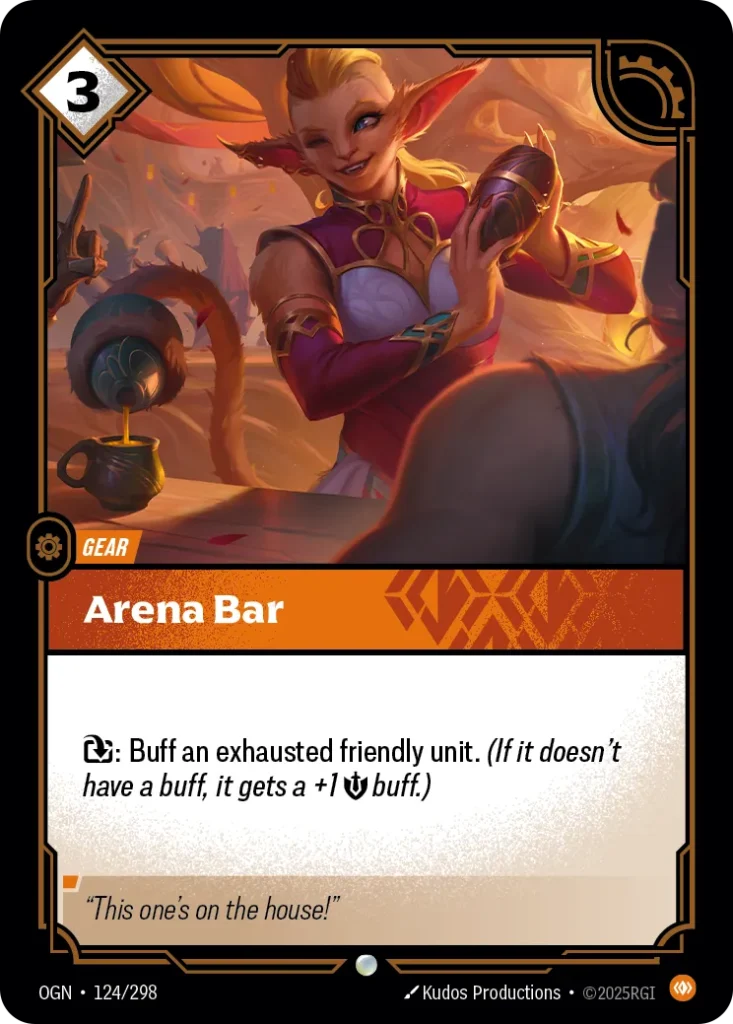 Karta Riftbound: Arena Bar — Gear, kolor Body, dodatek Origins. Ilustracja: Kudos Productions. Opis karty: : Buff an exhausted friendly unit. (If it doesn't have a buff, it gets a +1 💪 buff.)
