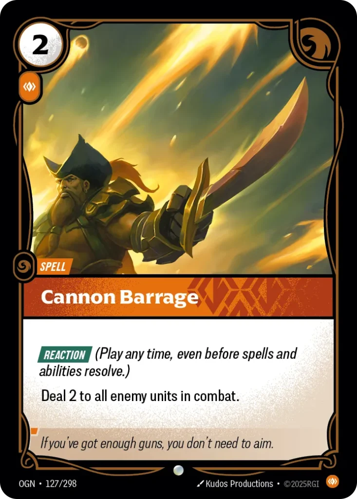 Karta Riftbound: Cannon Barrage — Spell, kolor Body, dodatek Origins. Ilustracja: Kudos Productions. Opis karty: Reaction (Play any time, even before spells and abilities resolve.)Deal 2 to all enemy units in combat.