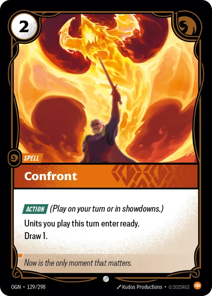 Karta Riftbound: Confront — Spell, kolor Body, dodatek Origins. Ilustracja: Kudos Productions. Opis karty: Action (Play on your turn or in showdowns.)Units you play this turn enter ready. Draw 1.