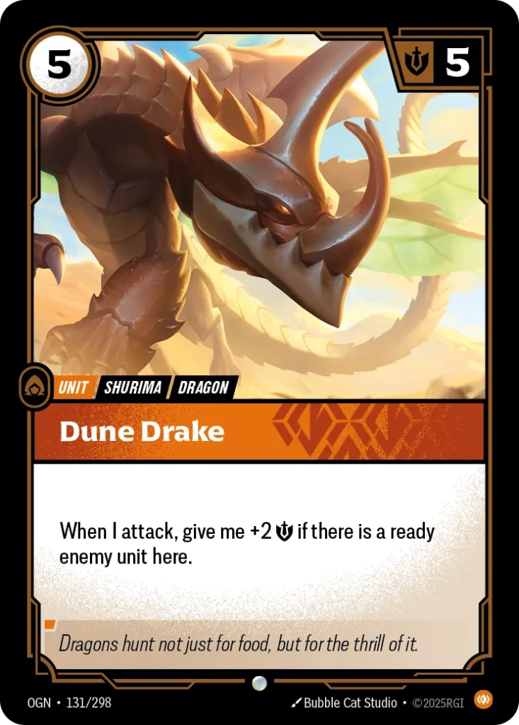 Karta Riftbound: Dune Drake — Unit, kolor Body, dodatek Origins. Ilustracja: Bubble Cat Studio. Opis karty: When I attack, give me +2 💪 this turn if there is a ready enemy unit here.