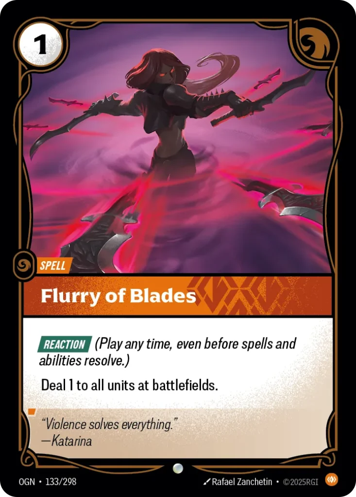 Karta Riftbound: Flurry of Blades — Spell, kolor Body, dodatek Origins. Ilustracja: Rafael Zanchetin. Opis karty: Reaction (Play any time, even before spells and abilities resolve.)Deal 1 to all units at battlefields.