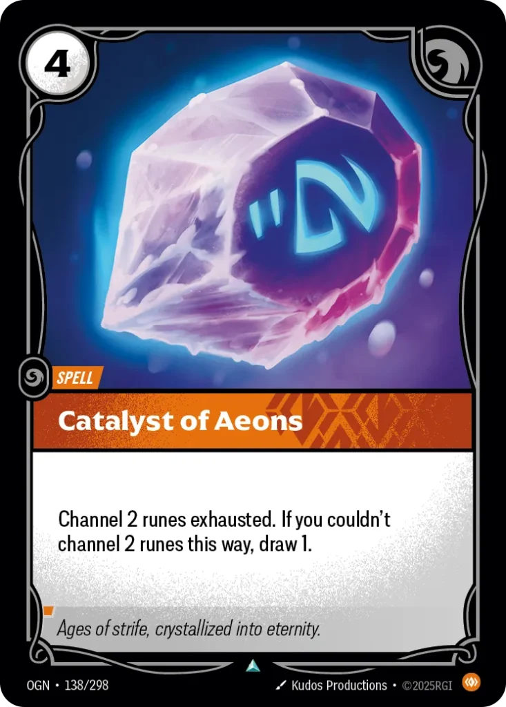 Karta Riftbound: Catalyst of Aeons — Spell, kolor Body, dodatek Origins. Ilustracja: Kudos Productions. Opis karty: Channel 2 runes exhausted. If you couldn't channel 2 runes this way, draw 1.
