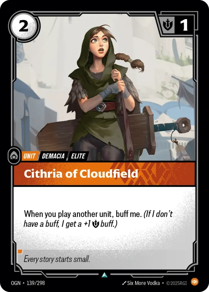 Karta Riftbound: Cithria of Cloudfield — Unit, kolor Body, dodatek Origins. Ilustracja: Six More Vodka. Opis karty: When you play another unit, buff me. (If I don't have a buff, I get a +1 💪 buff.)