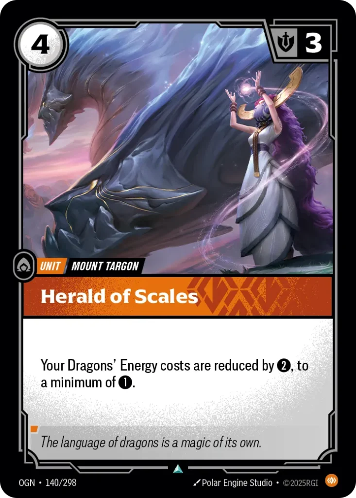 Karta Riftbound: Herald of Scales — Unit, kolor Body, dodatek Origins. Ilustracja: Polar Engine Studio. Opis karty: Your Dragons' Energy costs are reduced by 2⚡, to a minimum of 1⚡.