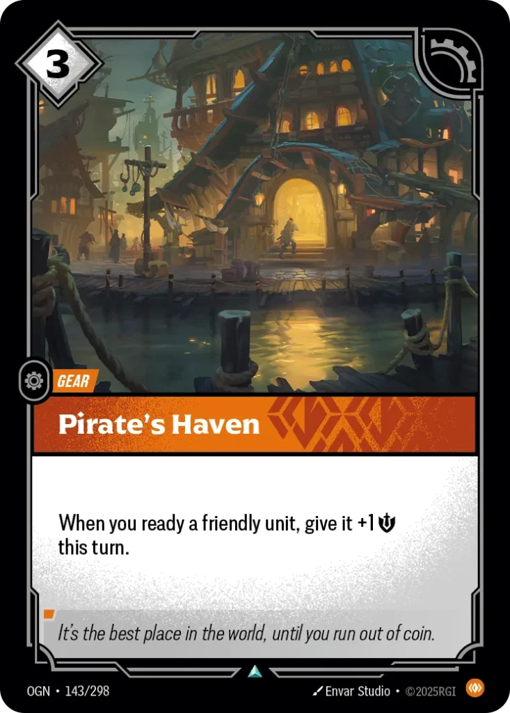 Karta Riftbound: Pirate's Haven — Gear, kolor Body, dodatek Origins. Ilustracja: Envar Studio. Opis karty: When you ready a friendly unit, give it +1 💪 this turn.
