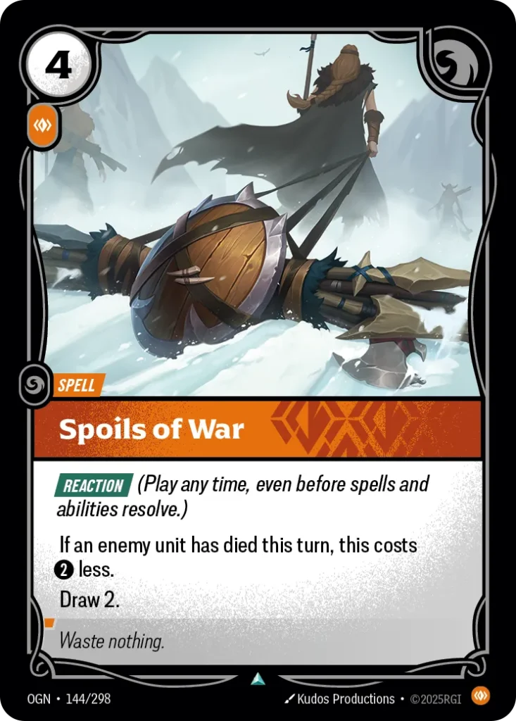 Karta Riftbound: Spoils of War — Spell, kolor Body, dodatek Origins. Ilustracja: Kudos Productions. Opis karty: Reaction (Play any time, even before spells and abilities resolve.)If an enemy unit has died this turn, this costs 2⚡ less.Draw 