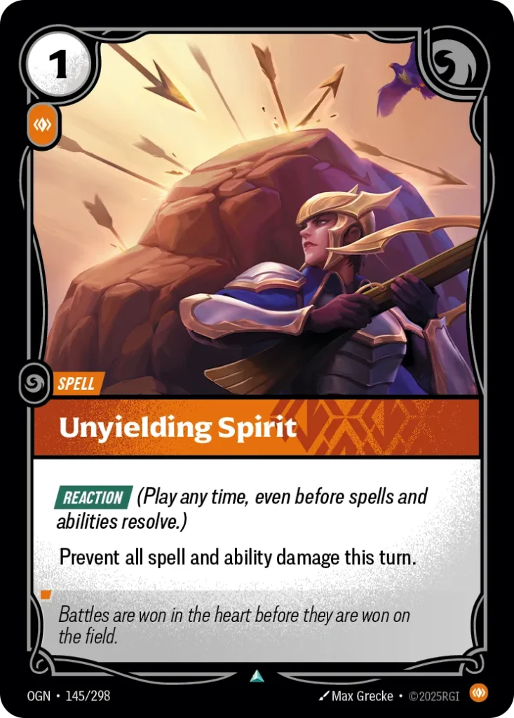 Karta Riftbound: Unyielding Spirit — Spell, kolor Body, dodatek Origins. Ilustracja: Max Grecke. Opis karty: Reaction (Play any time, even before spells and abilities resolve.)Prevent all spell and ability damage this turn.