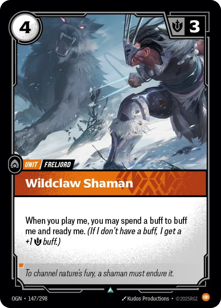 Karta Riftbound: Wildclaw Shaman — Unit, kolor Body, dodatek Origins. Ilustracja: Kudos Productions. Opis karty: When you play me, you may spend a buff to buff me and ready me. (If I don't have a buff, I get a +1 💪 buff.)