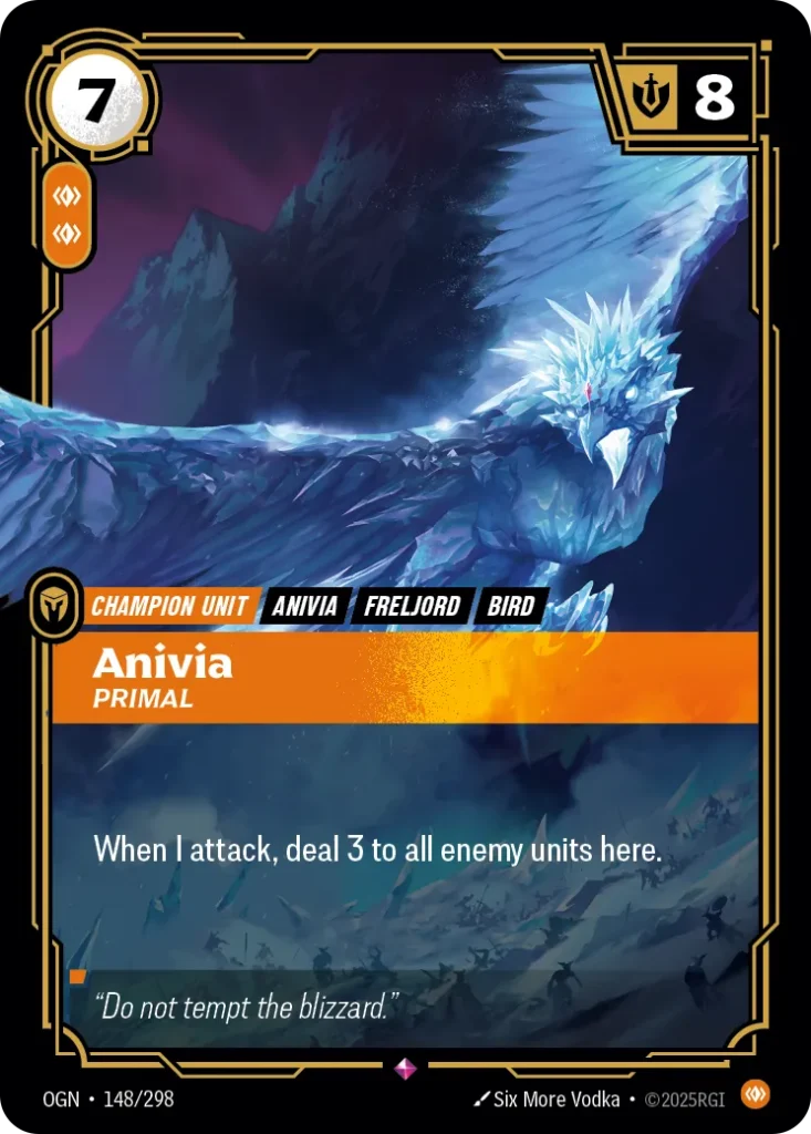 Karta Riftbound: Anivia - Primal — Unit, kolor Body, dodatek Origins. Ilustracja: Six More Vodka. Opis karty: When I attack, deal 3 to all enemy units here.