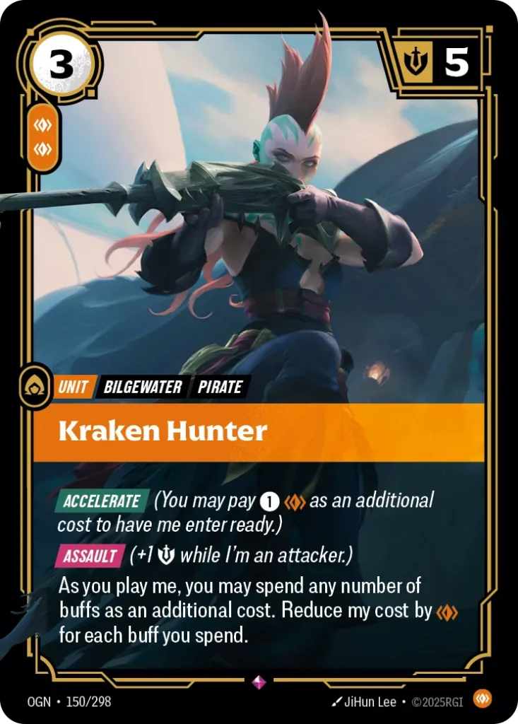 Karta Riftbound: Kraken Hunter — Unit, kolor Body, dodatek Origins. Ilustracja: JiHun Lee. Opis karty: Accelerate (You may pay 1⚡ as an additional cost to have me enter ready.) Assault (+1 💪 while I'm an attacker.)As you play me, you may sp