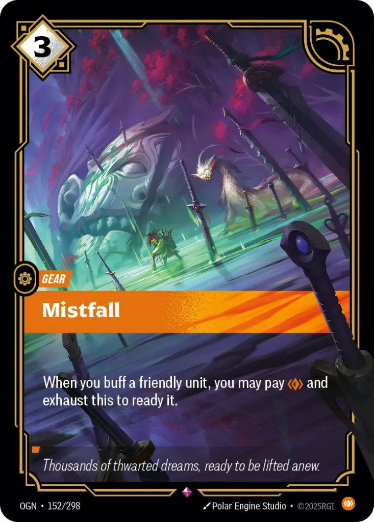 Karta Riftbound: Mistfall — Gear, kolor Body, dodatek Origins. Ilustracja: Polar Engine Studio. Opis karty: When you buff a friendly unit, you may pay and exhaust this to ready it.