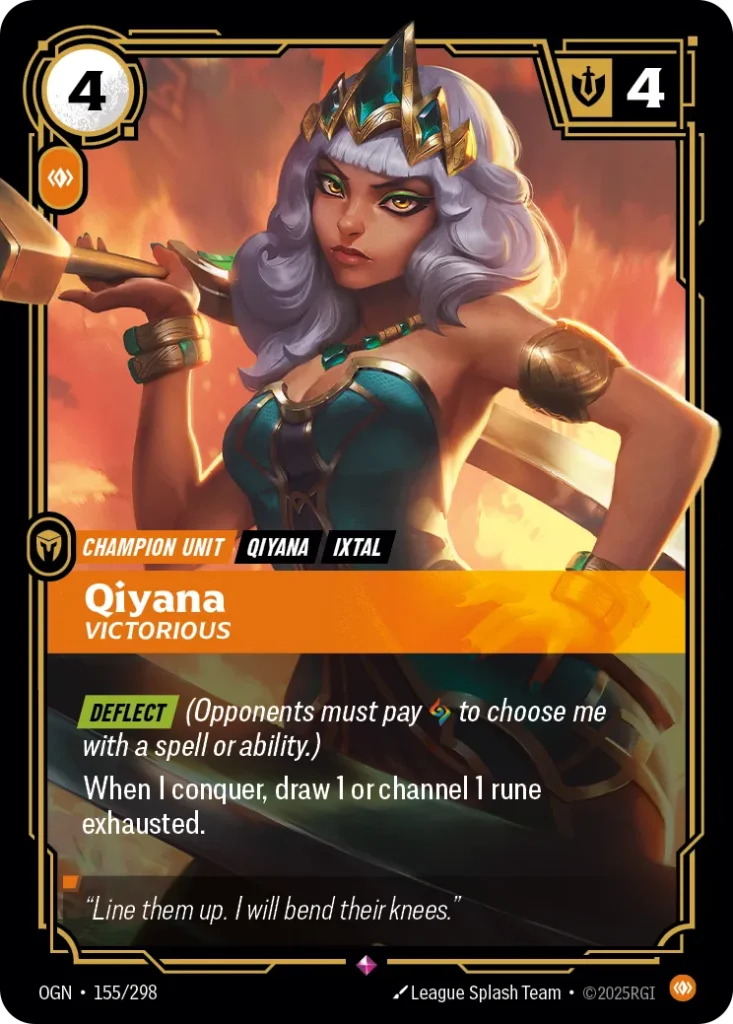 Karta Riftbound: Qiyana - Victorious — Unit, kolor Body, dodatek Origins. Ilustracja: League Splash Team. Opis karty: Deflect (Opponents must pay to choose me with a spell or ability.)When I conquer, draw 1 or channel 1 rune exhausted.