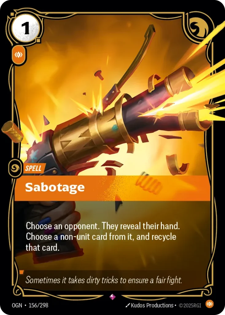 Karta Riftbound: Sabotage — Spell, kolor Body, dodatek Origins. Ilustracja: Kudos Productions. Opis karty: Choose an opponent. They reveal their hand. Choose a non-unit card from it, and recycle that card.