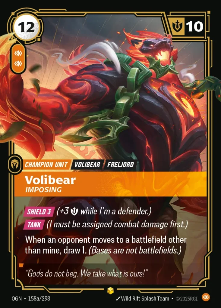 Karta Riftbound: Volibear - Imposing (Alternate Art) — Unit, kolor Body, dodatek Origins. Ilustracja: Wild Rift Splash Team. Opis karty: Shield 3 (+3 💪 while I'm a defender.) Tank (I must be assigned combat damage first.)When an opponent mo