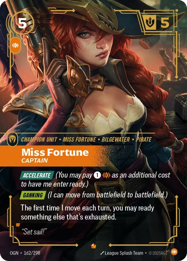 Karta Riftbound: Miss Fortune - Captain — Unit, kolor Body, dodatek Origins. Ilustracja: League Splash Team. Opis karty: Accelerate (You may pay 1⚡ as an additional cost to have me enter ready.) Ganking (I can move from battlefield to battl
