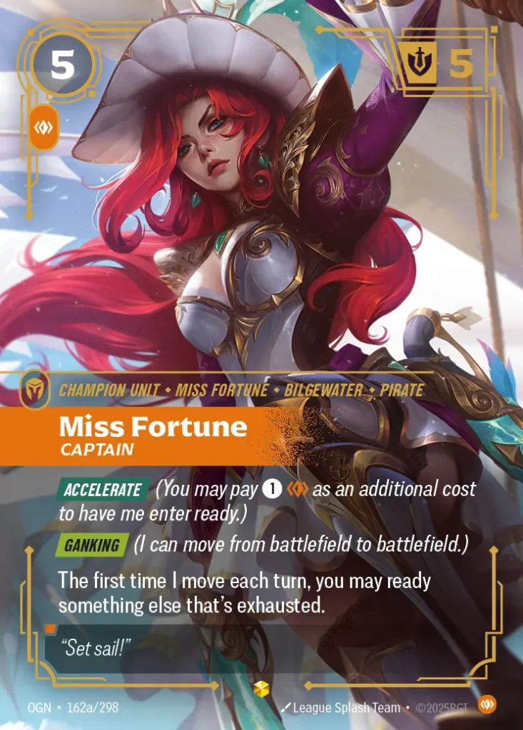 Karta Riftbound: Miss Fortune - Captain (Alternate Art) — Unit, kolor Body, dodatek Origins. Ilustracja: League Splash Team. Opis karty: Accelerate (You may pay 1⚡ as an additional cost to have me enter ready.) Ganking (I can move from batt