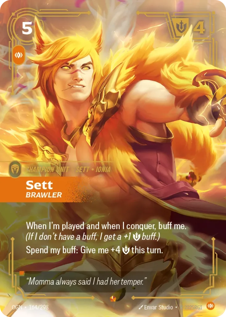 Karta Riftbound: Sett - Brawler — Unit, kolor Body, dodatek Origins. Ilustracja: Envar Studio. Opis karty: When I'm played and when I conquer, buff me. (If I don't have a buff, I get a +1 💪 buff.)Spend my buff: Give me +4 💪 this turn.