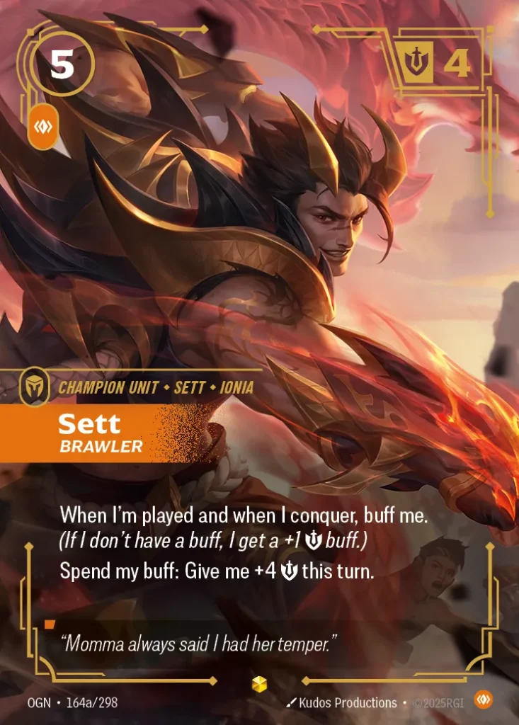 Karta Riftbound: Sett - Brawler (Alternate Art) — Unit, kolor Body, dodatek Origins. Ilustracja: Kudos Productions. Opis karty: When I'm played and when I conquer, buff me. (If I don't have a buff, I get a +1 💪 buff.)Spend my buff: Give me 