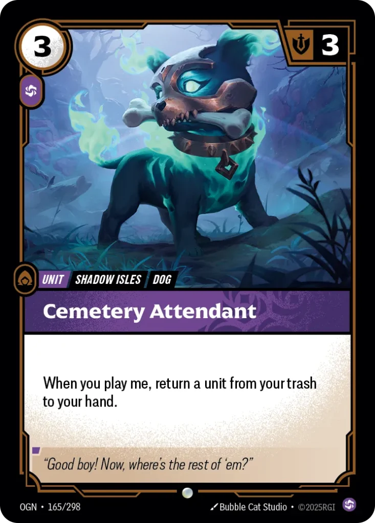 Karta Riftbound: Cemetery Attendant — Unit, kolor Chaos, dodatek Origins. Ilustracja: Bubble Cat Studio. Opis karty: When you play me, return a unit from your trash to your hand.