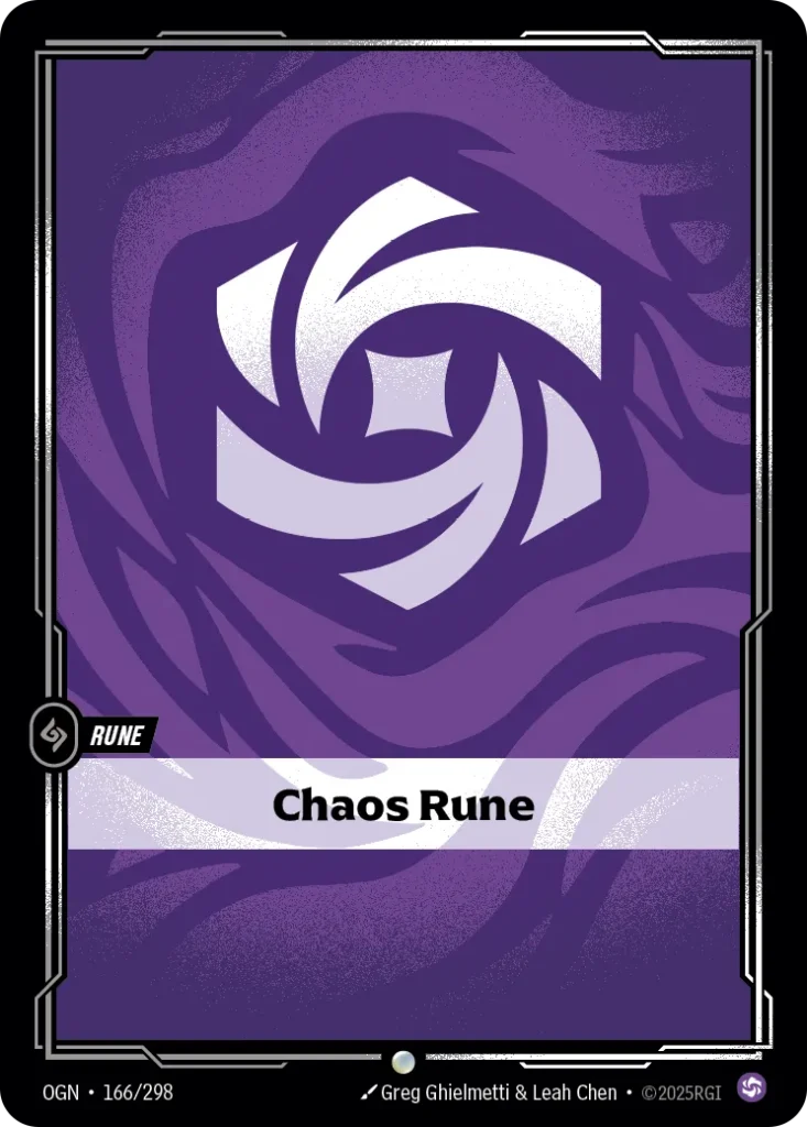 Karta Riftbound: Chaos Rune — Rune, kolor Chaos, dodatek Origins. Ilustracja: Greg Ghielmetti & Leah Chen.