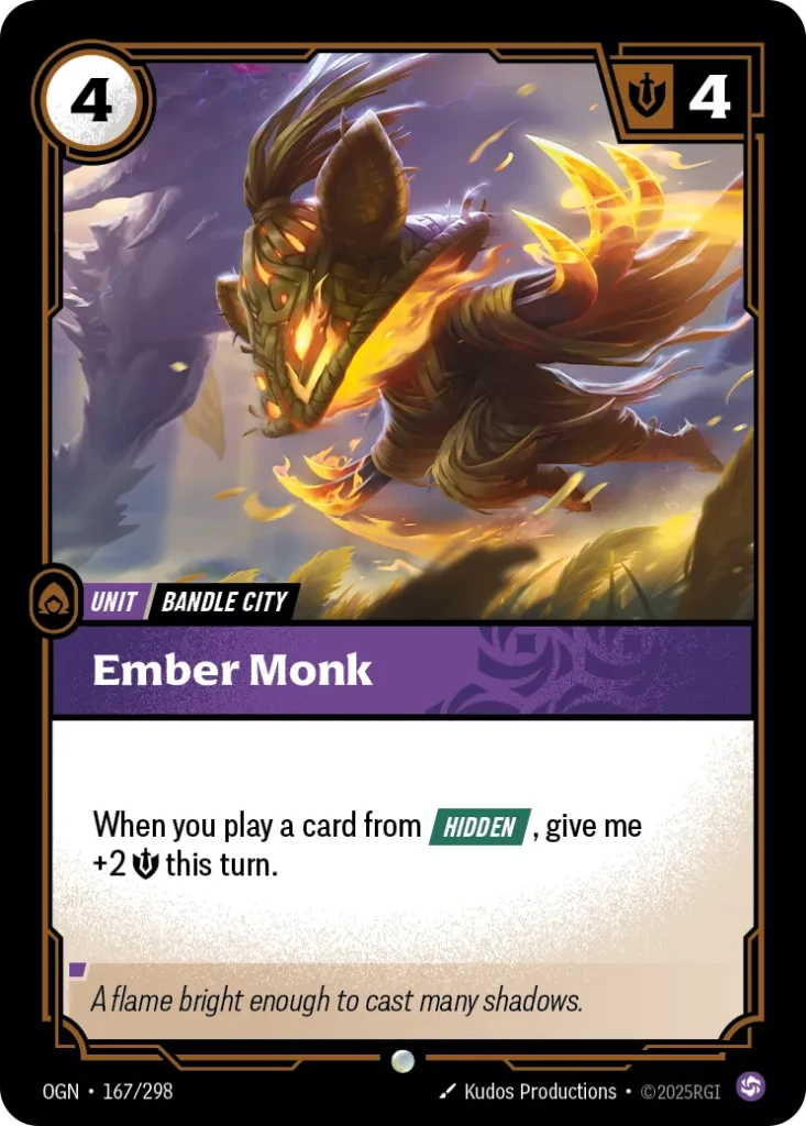 Karta Riftbound: Ember Monk — Unit, kolor Chaos, dodatek Origins. Ilustracja: Kudos Productions. Opis karty: When you play a card from Hidden , give me +2 💪 this turn.