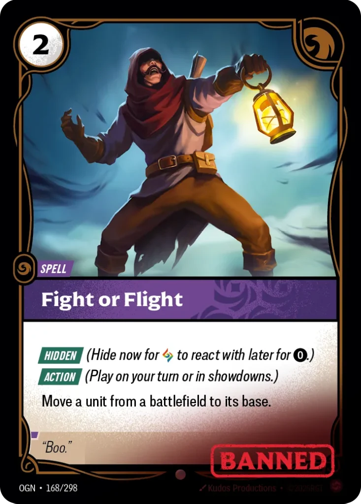 Karta Riftbound: Fight or Flight — Spell, kolor Chaos, dodatek Origins. Ilustracja: Kudos Productions. Opis karty: Hidden (Hide now for to react with later for 0⚡.) Action (Play on your turn or in showdowns.)Move a unit from a battlefield t
