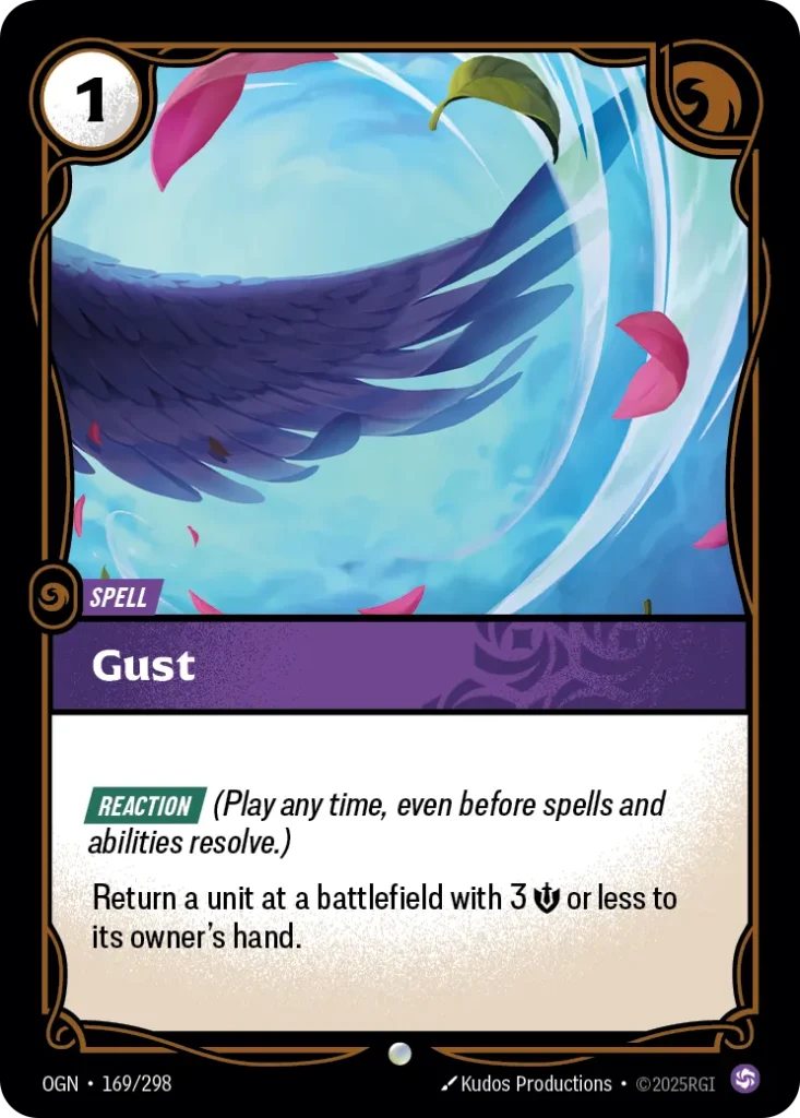 Karta Riftbound: Gust — Spell, kolor Chaos, dodatek Origins. Ilustracja: Kudos Productions. Opis karty: Reaction (Play any time, even before spells and abilities resolve.)Return a unit at a battlefield with 3 💪 or less to its owner's hand.