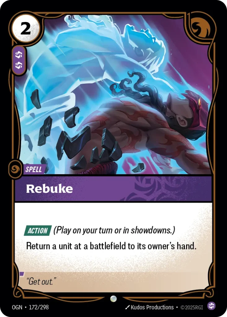 Karta Riftbound: Rebuke — Spell, kolor Chaos, dodatek Origins. Ilustracja: Kudos Productions. Opis karty: Action (Play on your turn or in showdowns.)Return a unit at a battlefield to its owner's hand.