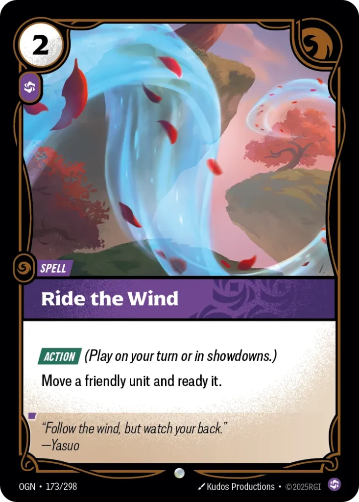 Karta Riftbound: Ride The Wind — Spell, kolor Chaos, dodatek Origins. Ilustracja: Kudos Productions. Opis karty: Action (Play on your turn or in showdowns.)Move a friendly unit and ready it.