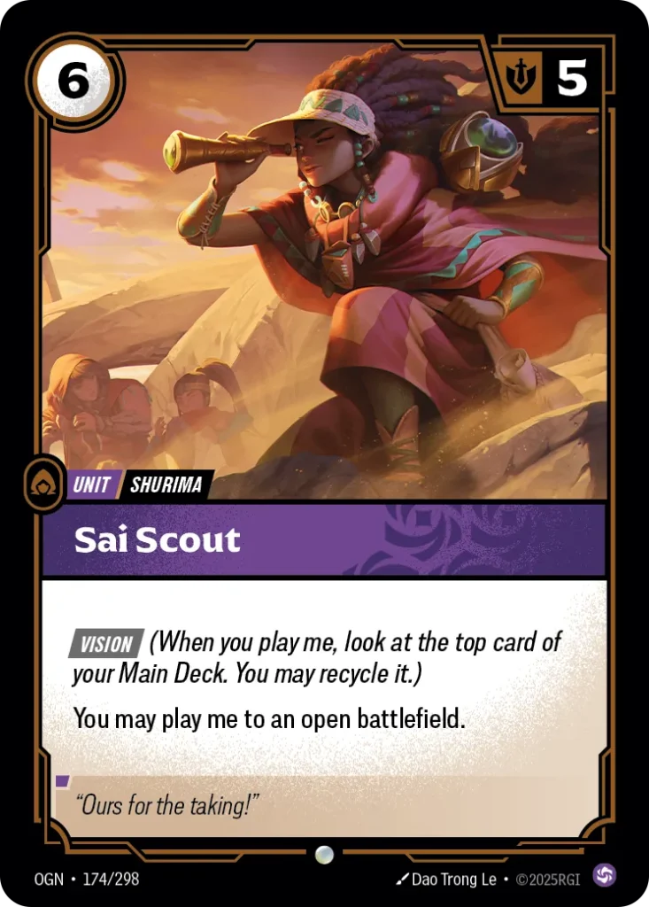 Karta Riftbound: Sai Scout — Unit, kolor Chaos, dodatek Origins. Ilustracja: Dao Trong Le. Opis karty: Vision (When you play me, look at the top card of your Main Deck. You may recycle it.)You may play me to an open battlefield.