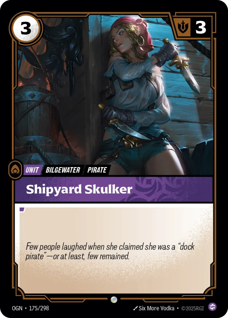 Karta Riftbound: Shipyard Skulker — Unit, kolor Chaos, dodatek Origins. Ilustracja: Six More Vodka.