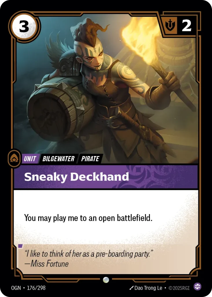 Karta Riftbound: Sneaky Deckhand — Unit, kolor Chaos, dodatek Origins. Ilustracja: Dao Trong Le. Opis karty: You may play me to an open battlefield.