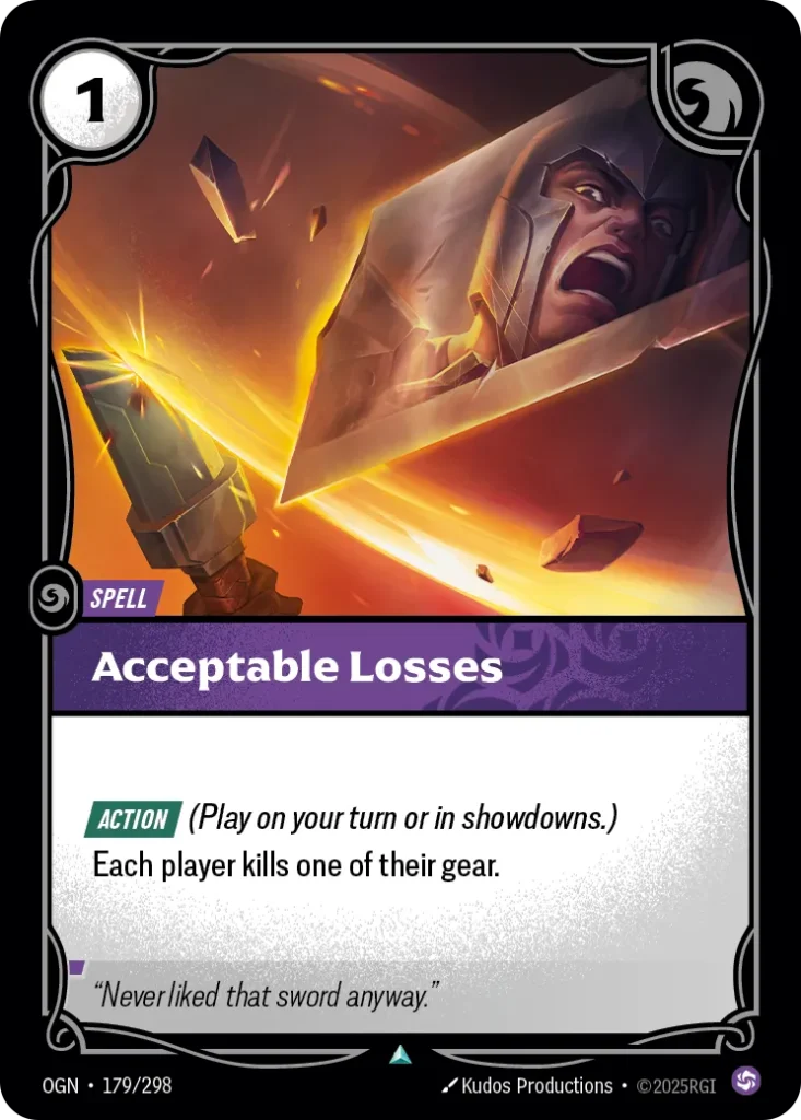 Karta Riftbound: Acceptable Losses — Spell, kolor Chaos, dodatek Origins. Ilustracja: Kudos Productions. Opis karty: Action (Play on your turn or in showdowns.)Each player kills one of their gear.
