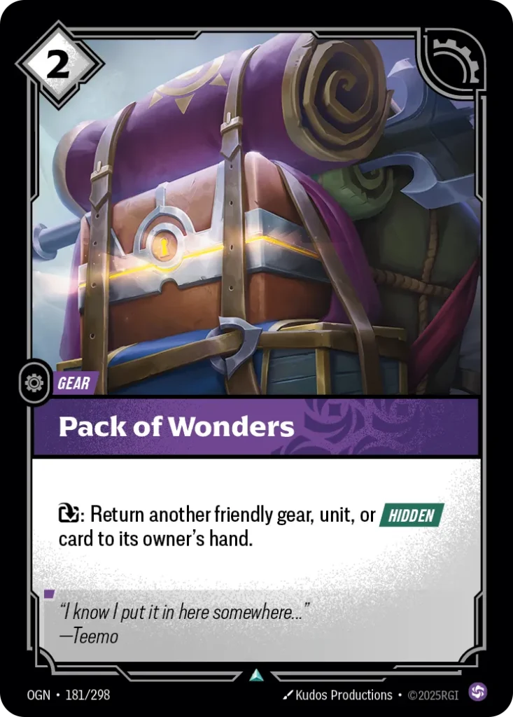 Karta Riftbound: Pack of Wonders — Gear, kolor Chaos, dodatek Origins. Ilustracja: Kudos Productions. Opis karty: : Return another friendly gear, unit, or Hidden card to its owner's hand.